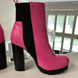 Pink and black chunky heeled boots